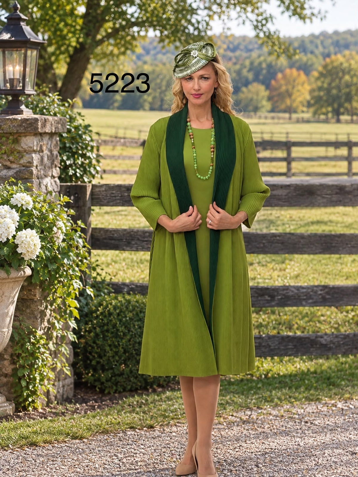 Lifestyle photograph of Lily and Taylor 2-Piece Fine Pleated Dress w/ Duster.
