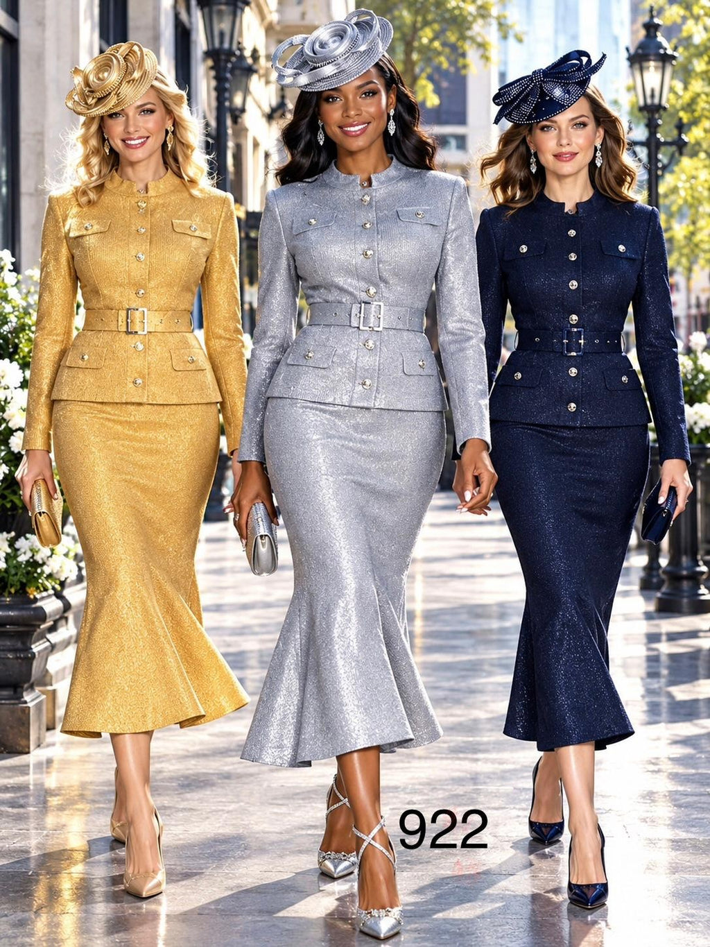 Lifestyle photograph of Lily and Taylor 2-Piece Fine Knit Skirt Suit w/ Removable Belt.