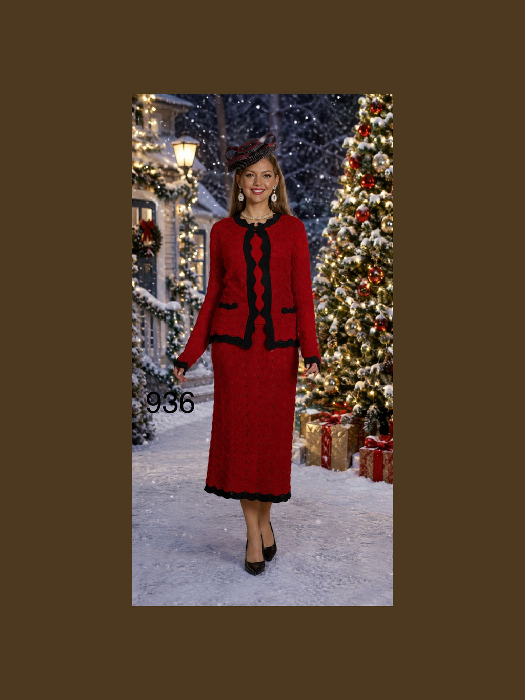 Lifestyle photograph of Lily and Taylor 3-Piece Fine Knit Skirt Suit w/ Scallop Trimmed Jacket.