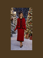 Lifestyle photograph of Lily and Taylor 3-Piece Fine Knit Skirt Suit w/ Scallop Trimmed Jacket.