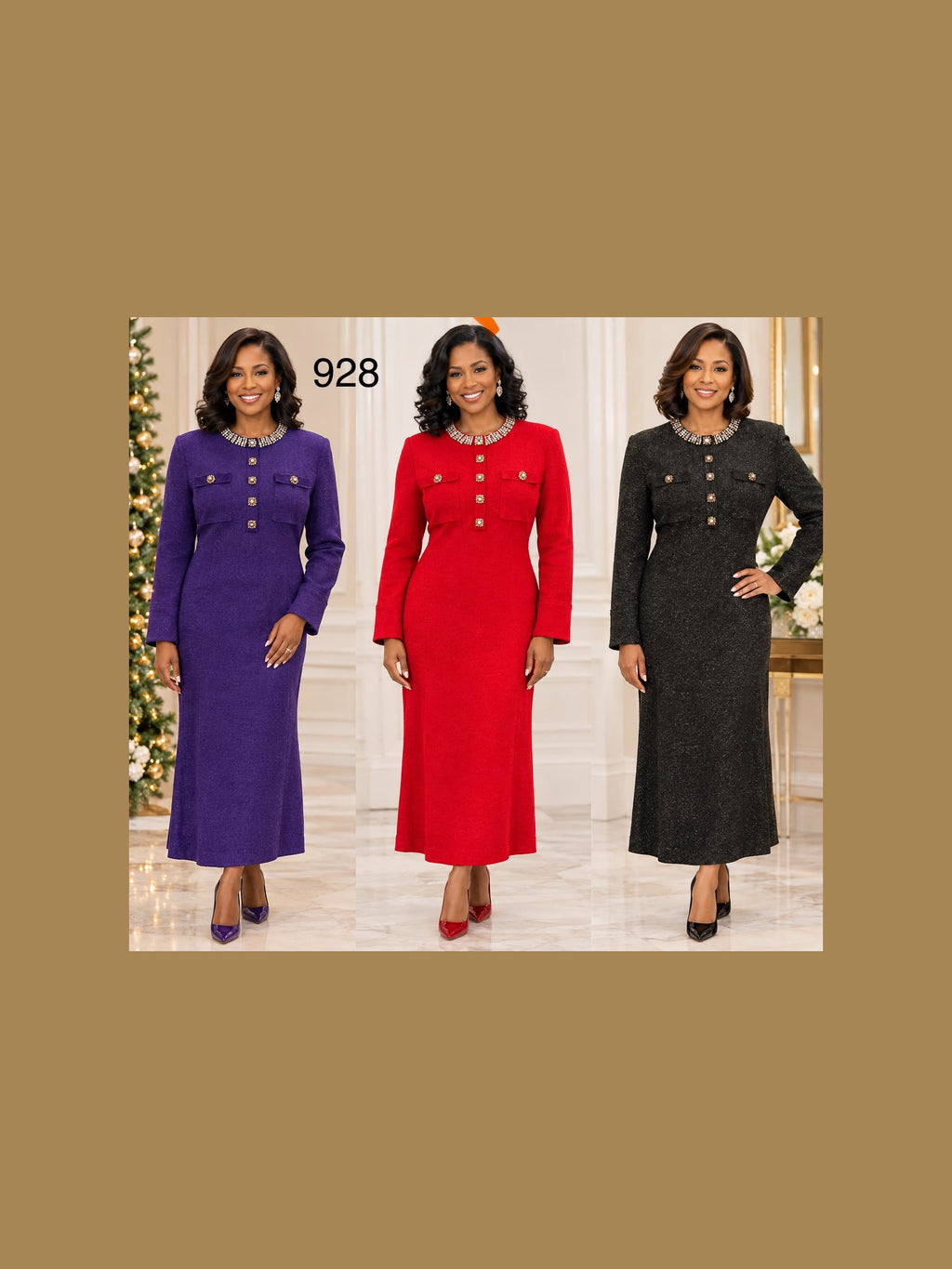 Lifestyle photograph of Lily and Taylor Fine Metallic Knit Dress w/ Trimmed Braided Kneckline and Rh.