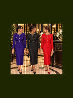 Lifestyle photograph of Lily and Taylor Fine Metallic Knit Dress w/ Trimmed Braided Kneckline and Rh.