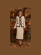 Lifestyle photograph of Lily and Taylor 3-Piece Fine Knit Skirt Suit w/ Scallop Trimmed Jacket.