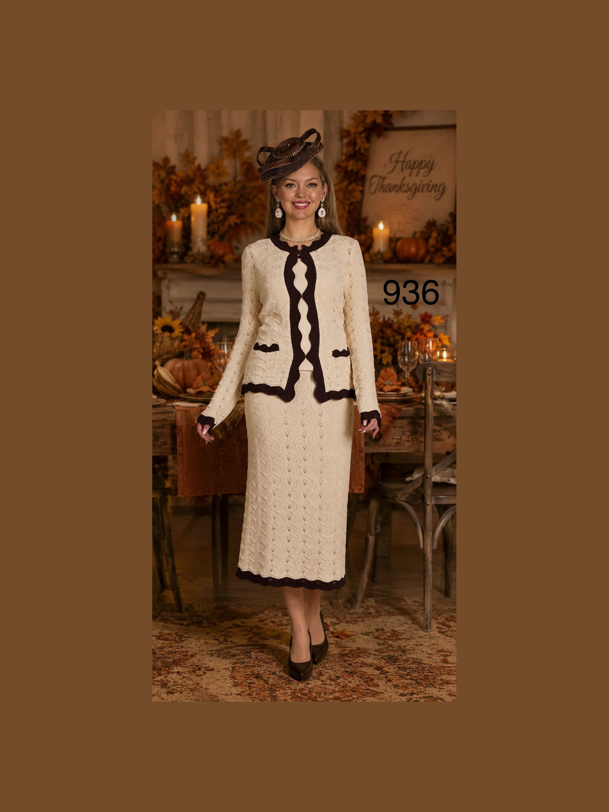 Lifestyle photograph of Lily and Taylor 3-Piece Fine Knit Skirt Suit w/ Scallop Trimmed Jacket.
