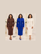 Lifestyle photograph of Lily and Taylor 3-Piece Fine Knit Skirt Suit w/ Nautical Buttons.