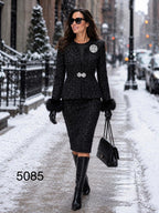 Lifestyle photograph of Lily and Taylor 3-Piece Long Sleeve Mid-Length Skirt Suit.